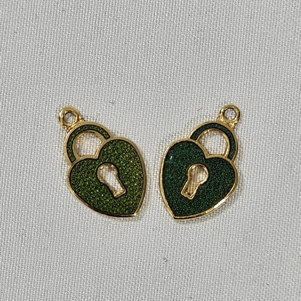 Vintage Enamel Over Gold Tone Pair Of Green Heart Lock Charms Small 1/2 Inch